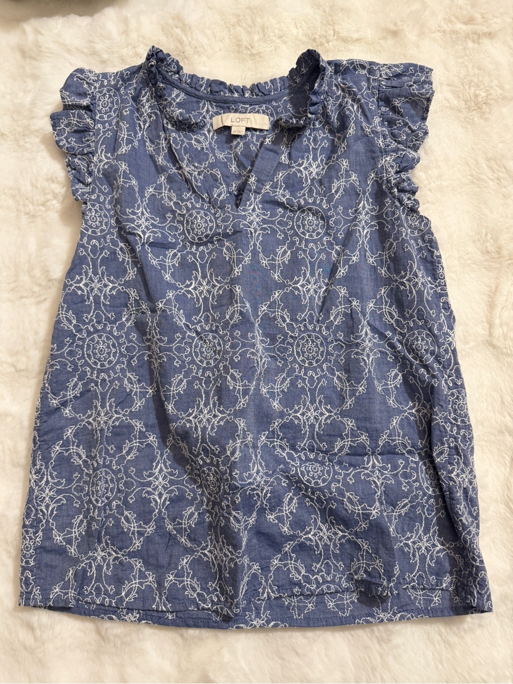 LOFT Blue Floral Embroidered Ruffle Sleeve Top Size XS NWOT